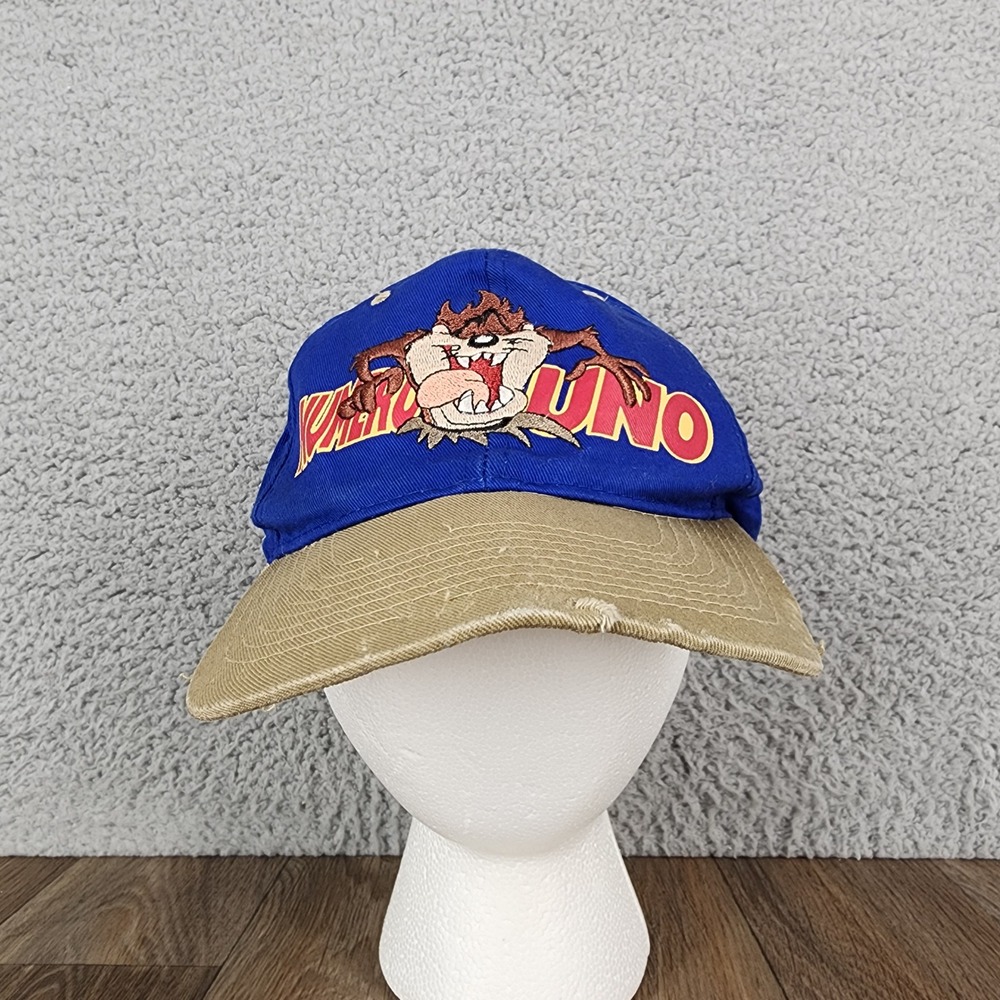 Vtg 1996 Looney Tunes Taz Snapback Hat Blue‎ Tan Fresh Caps USA Kids Distressed